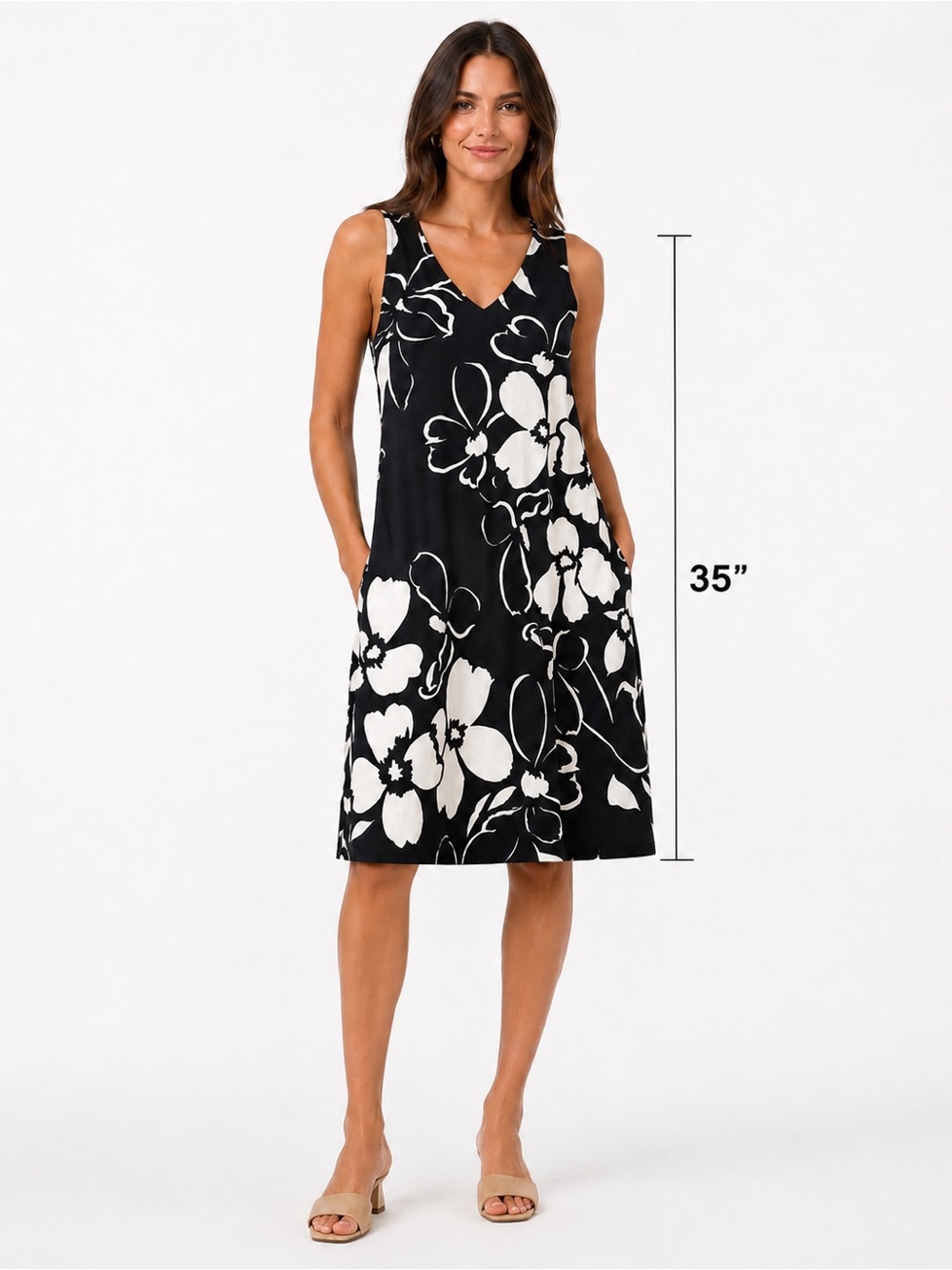 Anne Klein Black and White Floral V-Neck Midi Dress